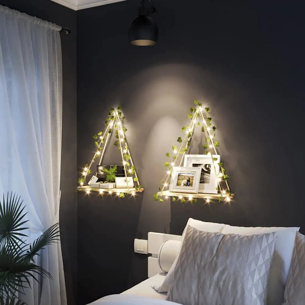 Wooden Rope Shelf with LED Leaves