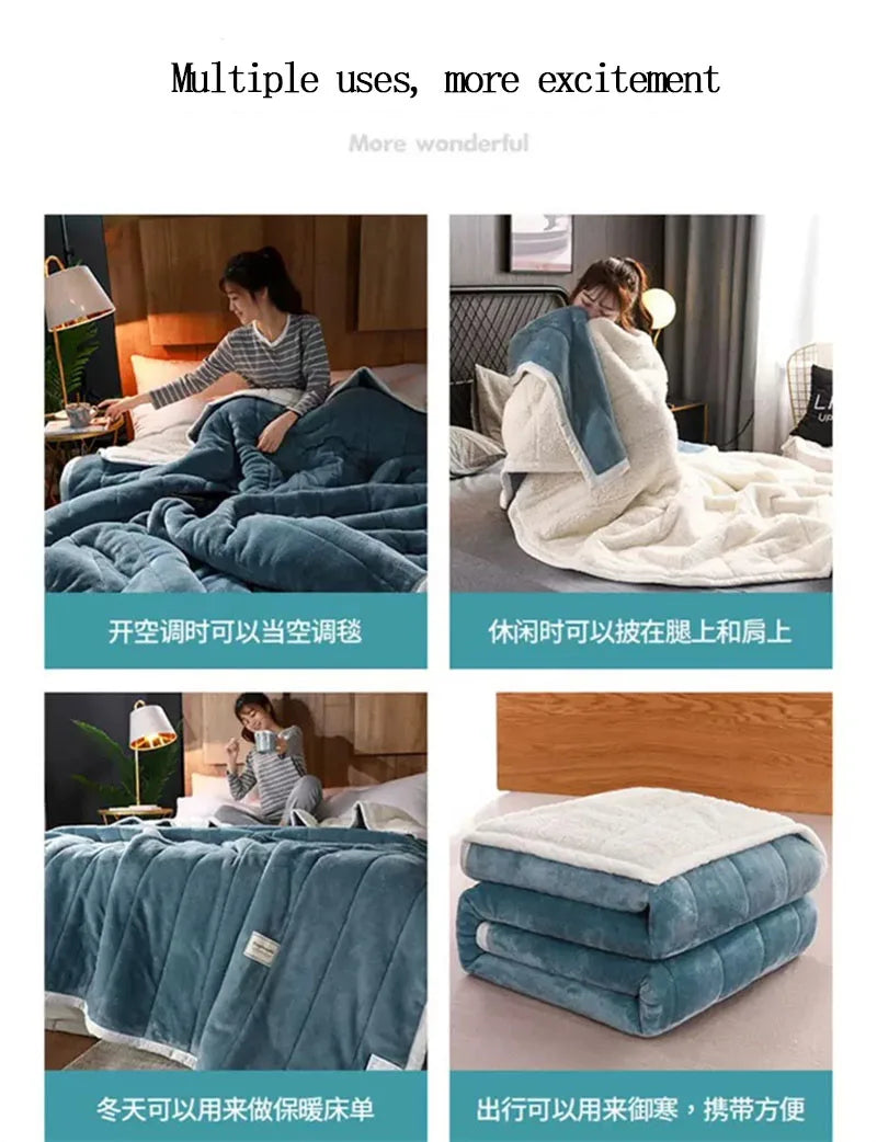 Coral Fleece Autumn Winter Warm Blankets for Bed 3 Layers Thicken Flannel Blanket Quilt Soft Comfortable Warmth Quilts Washable