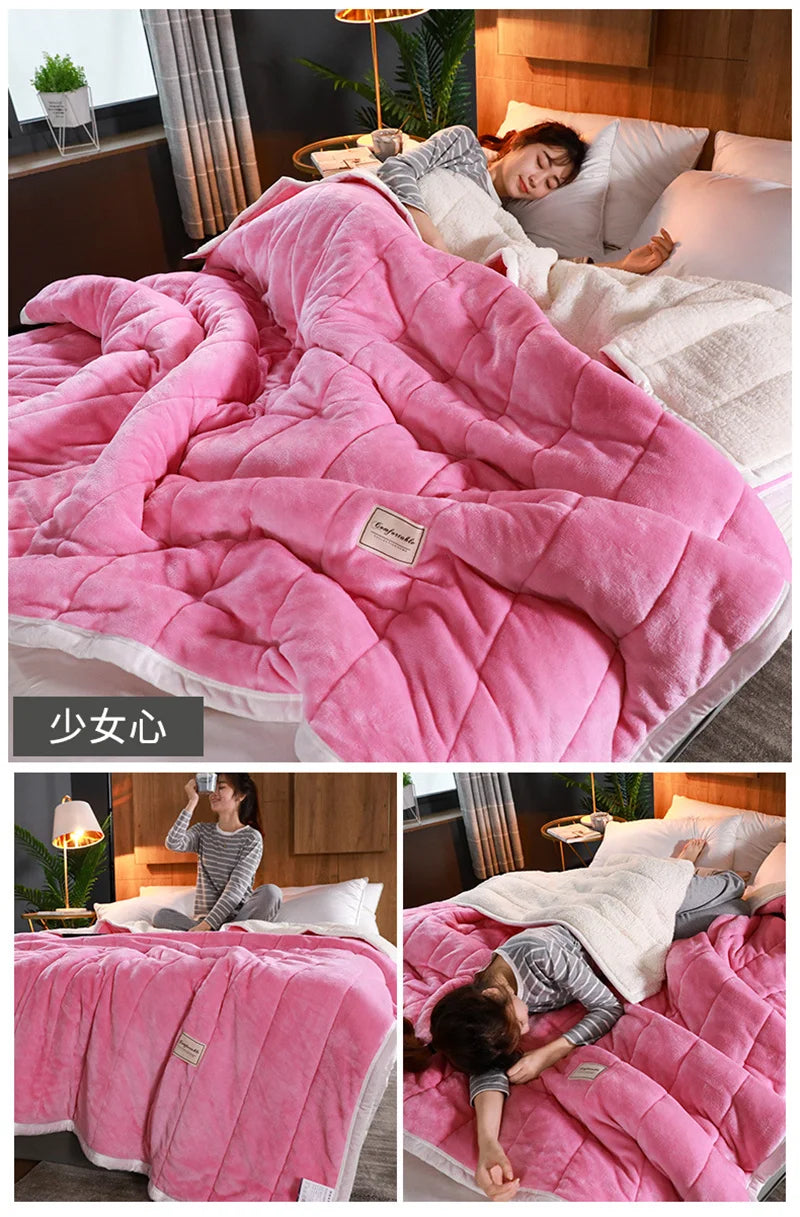 Coral Fleece Autumn Winter Warm Blankets for Bed 3 Layers Thicken Flannel Blanket Quilt Soft Comfortable Warmth Quilts Washable