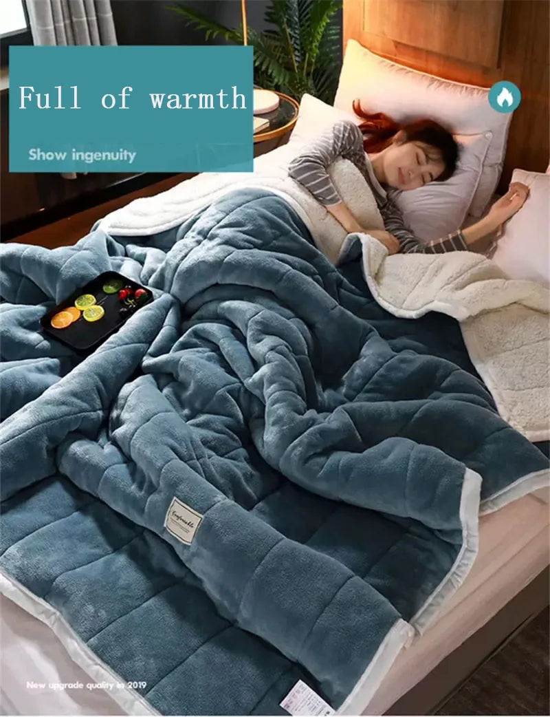 Coral Fleece Autumn Winter Warm Blankets for Bed 3 Layers Thicken Flannel Blanket Quilt Soft Comfortable Warmth Quilts Washable