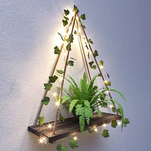 Wooden Rope Shelf with LED Leaves