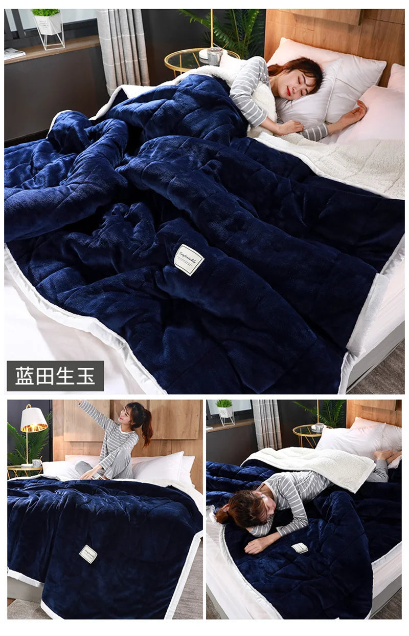 Coral Fleece Autumn Winter Warm Blankets for Bed 3 Layers Thicken Flannel Blanket Quilt Soft Comfortable Warmth Quilts Washable