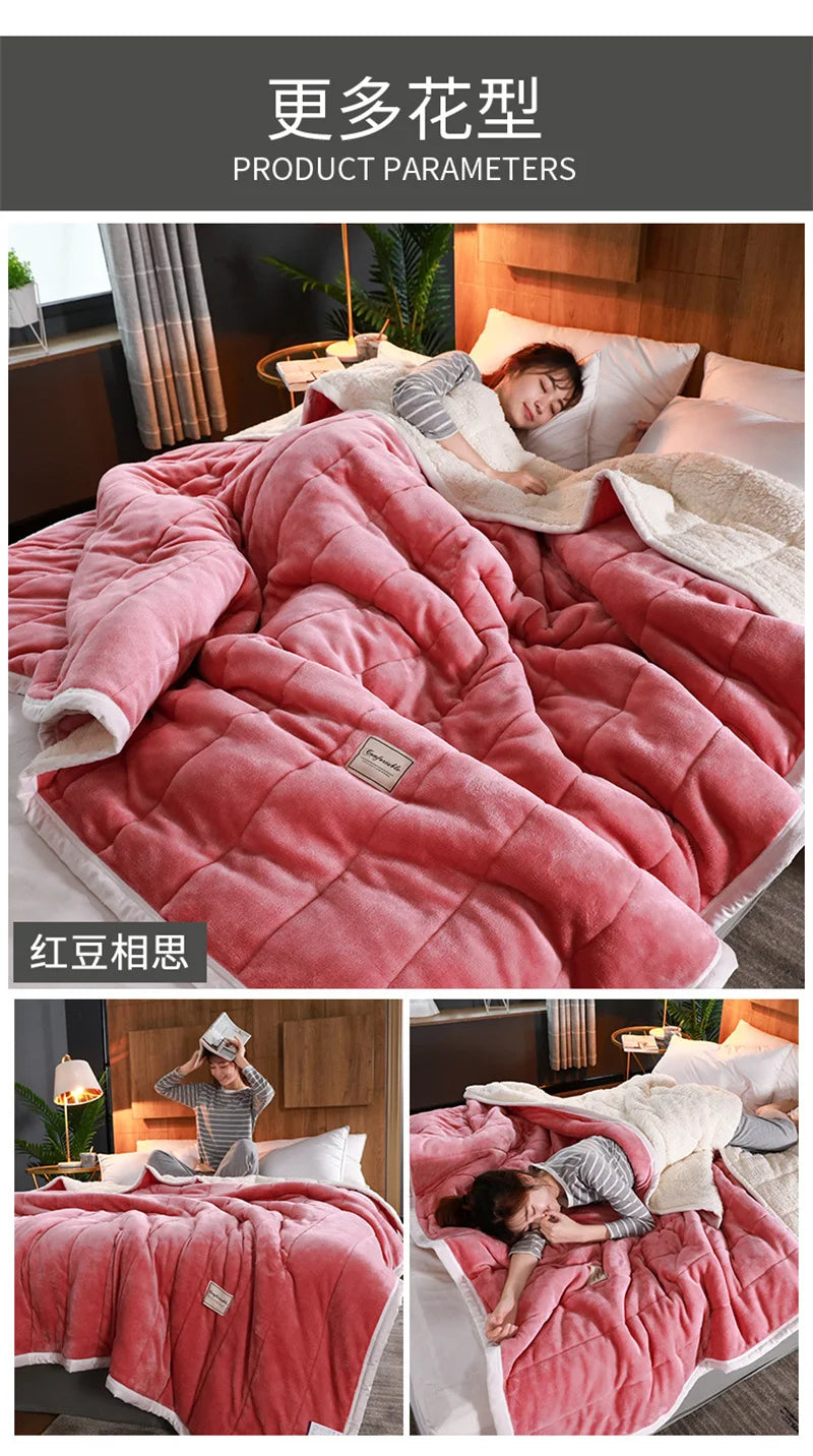 Coral Fleece Autumn Winter Warm Blankets for Bed 3 Layers Thicken Flannel Blanket Quilt Soft Comfortable Warmth Quilts Washable