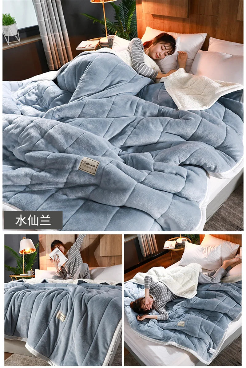 Coral Fleece Autumn Winter Warm Blankets for Bed 3 Layers Thicken Flannel Blanket Quilt Soft Comfortable Warmth Quilts Washable