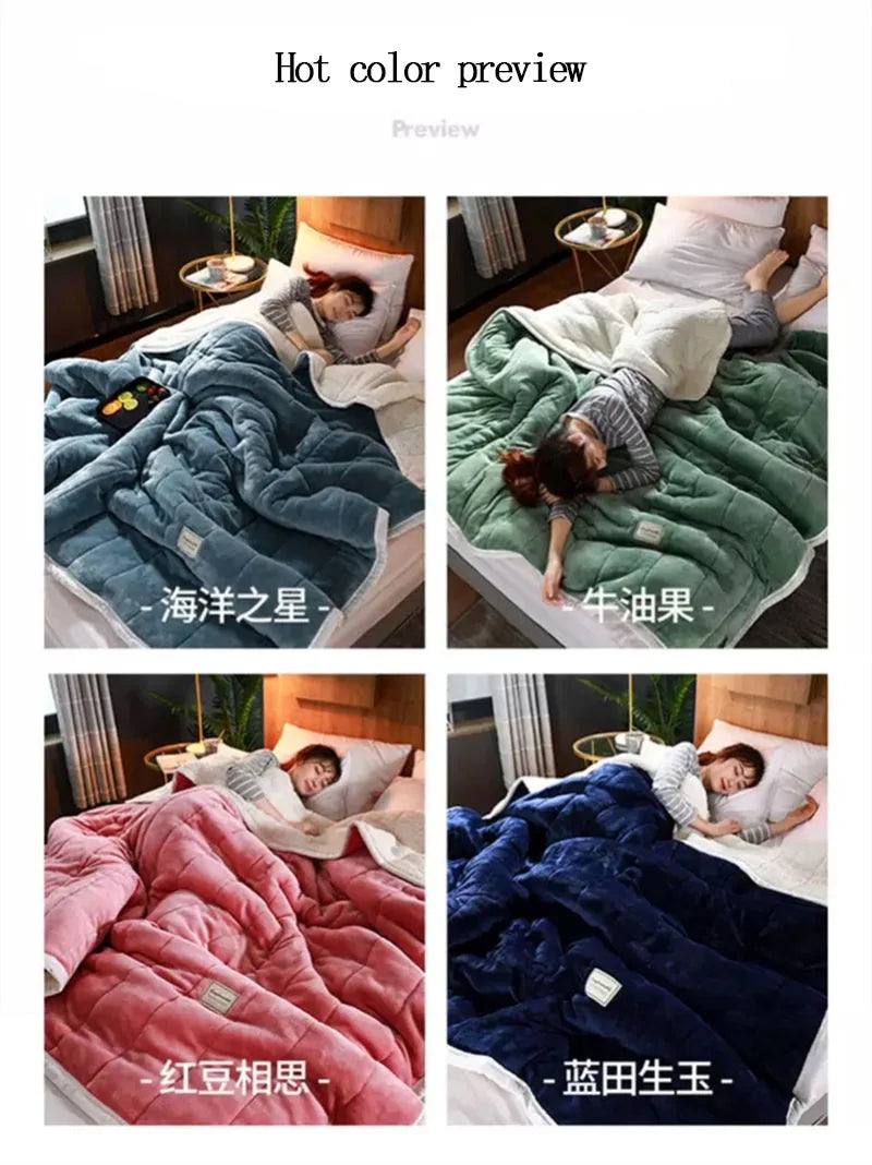 Coral Fleece Autumn Winter Warm Blankets for Bed 3 Layers Thicken Flannel Blanket Quilt Soft Comfortable Warmth Quilts Washable